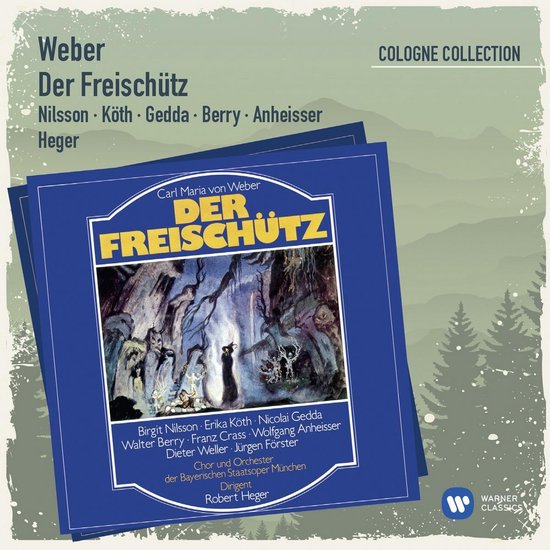 Albumhoes Der Freischütz van Weber, met een afbeelding van een bos bij nacht met figuren, en tekst met namen van artiesten en dirigent Robert Hegger.