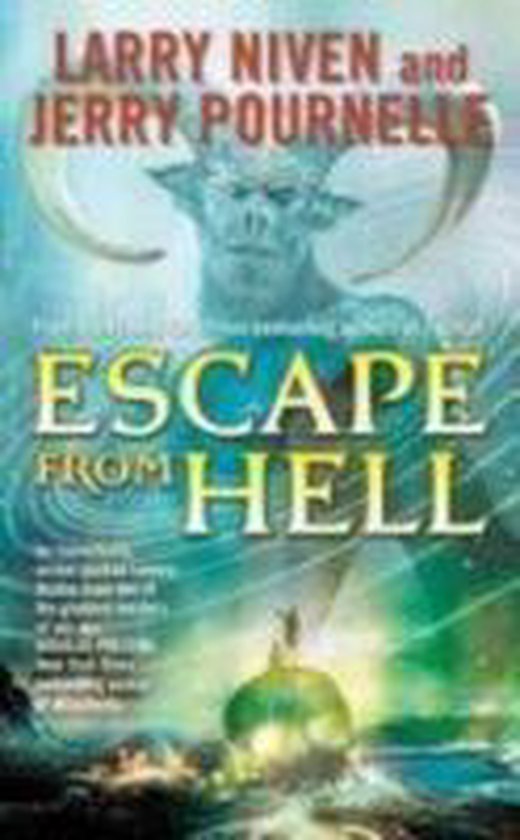 Boekomslag met de titel 'Escape from Hell', een demon met grote hoorns en een glimmende koepel.