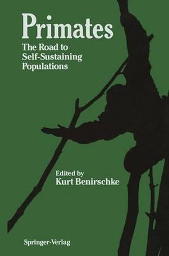 Boekcover van "Primates: The Road to Self-Sustaining Populations", bewerkt door Kurt Benirschke. Groene achtergrond met silhouet van een primitief persoon met een stok.