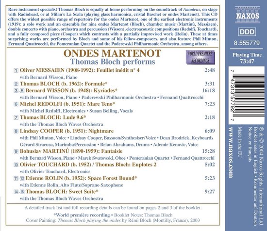 Cd-hoes met tracklist van 'Ondes Martenot Thomas Bloch performs', met vermelding van componisten en speelduur.