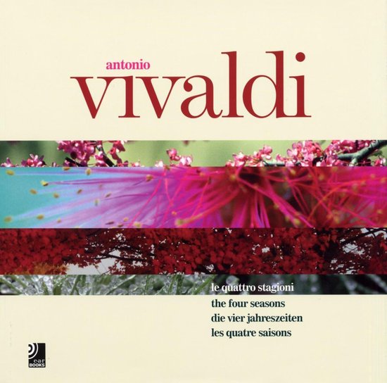 Boekcover met 'Vivaldi', 'le quattro stagioni' en vier gestreepte natuurfoto's: bloesems, roze bloemen, herfstbladeren, ijs.