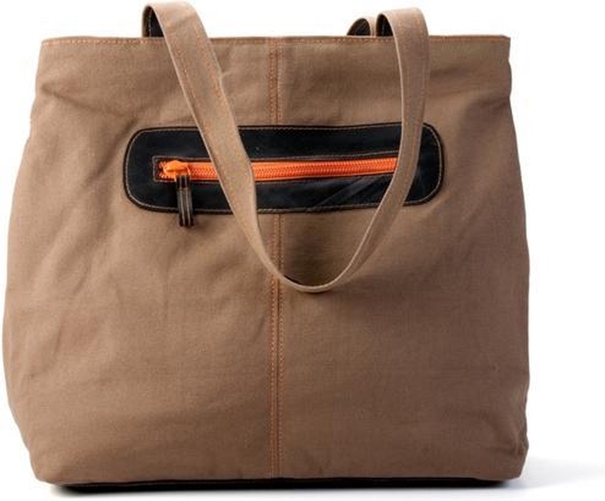 Schoudertas Canvas met rits khaki-oranje