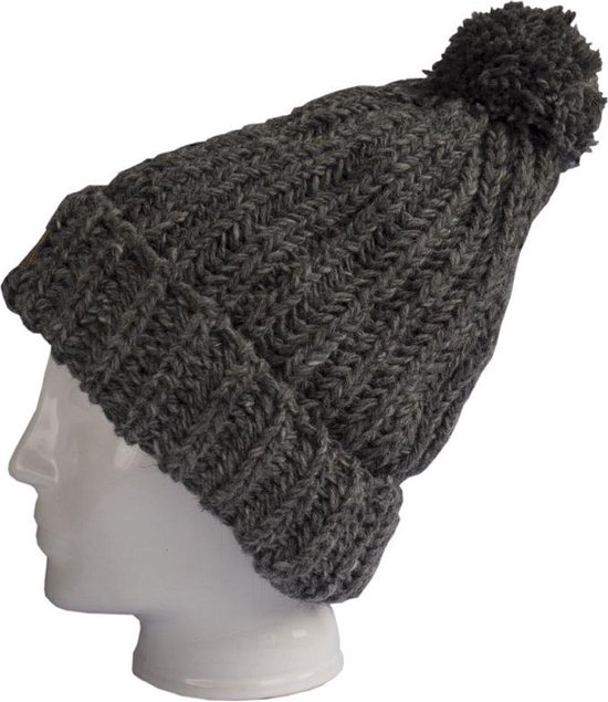 Handgemaakte wollen wintermuts met pompon - Donker grijs | bol.com