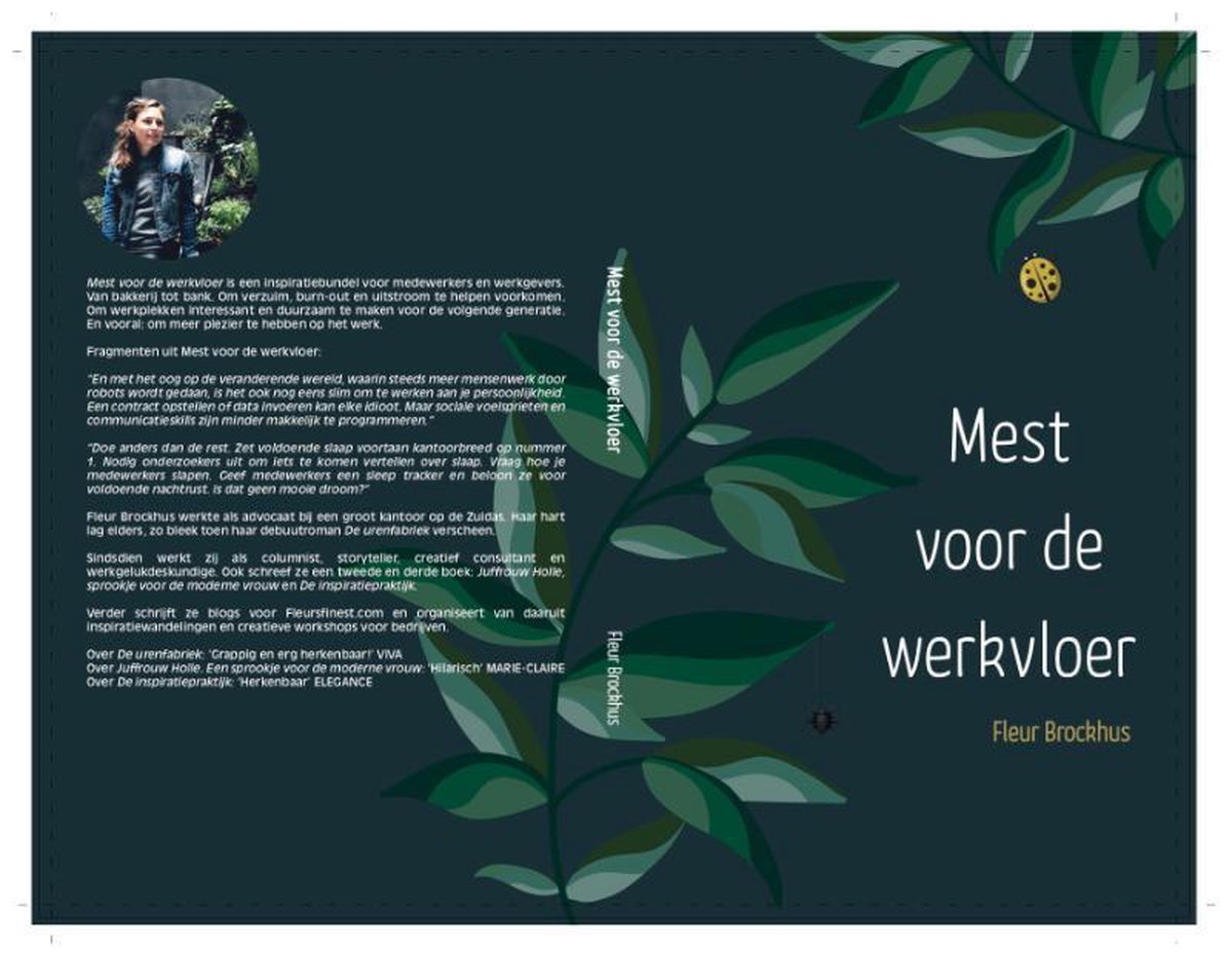 Boekomslag 'Mest voor de werkvloer' met een vrouw, tekst en groene bladeren.