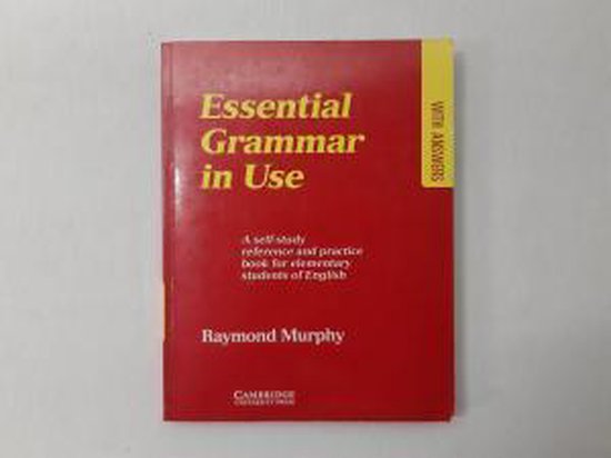Livre rouge 'Essential Grammar in Use' avec texte jaune et bande verticale jaune indiquant 'WITH ANSWERS'.