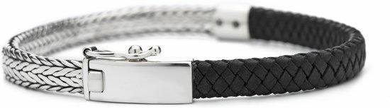 SILK Jewellery - Zilveren Armband - Alpha - 369BLK.22 - zwart leer - Maat 22