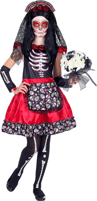 WIDMANN - Zwarte en rode Dia de los Muertos skelet outfit voor kinderen -  158 (11-13 jaar) | bol