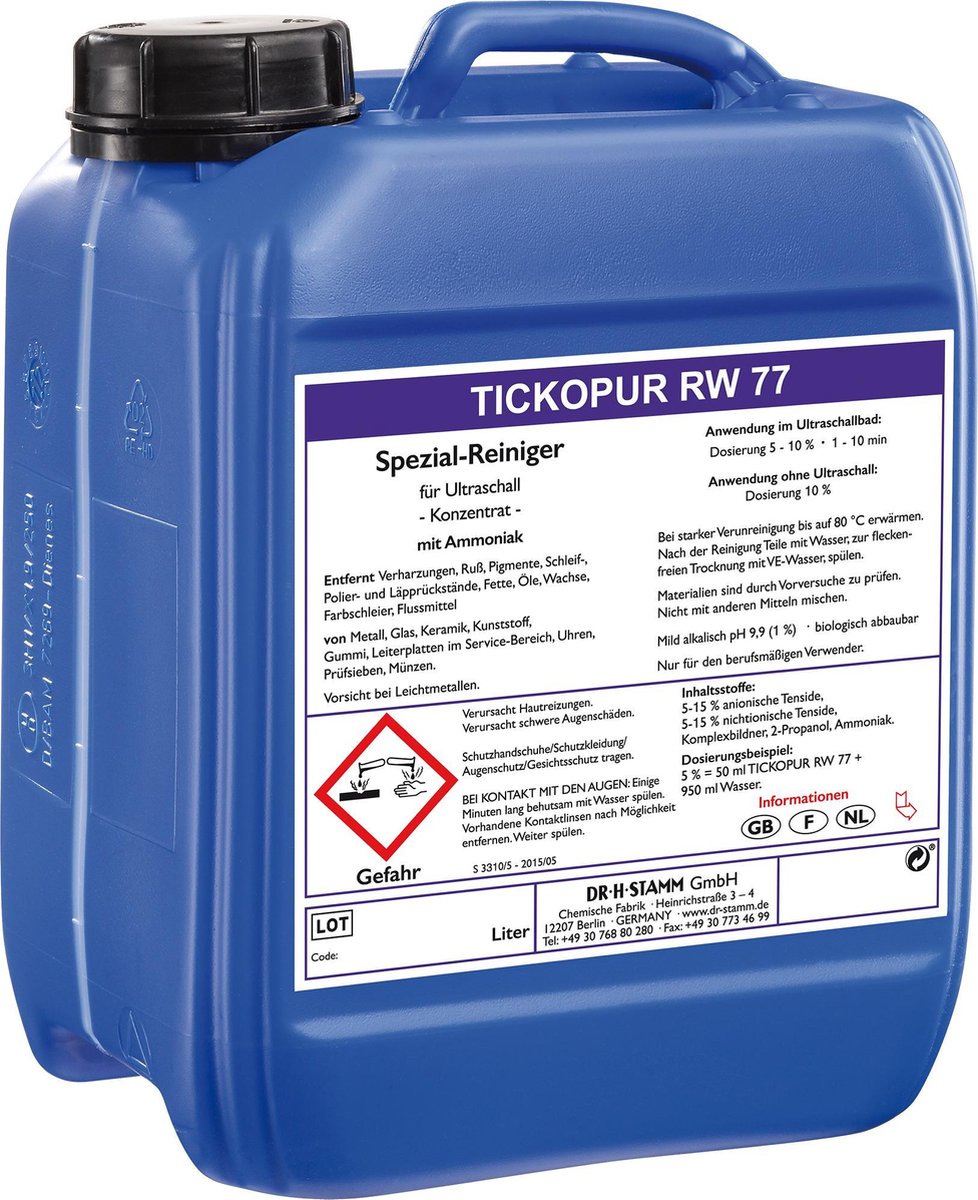 Tickopur RW77 - Professionele Ultrasoon Reinigingsvloeistof 5L - Voor o.a. Klok Onderdelen & Messing Onderdelen - Voor Ultrasoon Reinigers