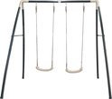 Une balançoire double en métal anthracite avec sièges en plastique crème, sur fond blanc.