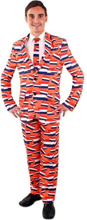 PartyXplosion - 100% NL & Oranje Kostuum - Nederland Oranje Driekleur Vlaggetjes - Man - Rood / Wit / Blauw, Oranje - Maat 58 - Carnavalskleding - Verkleedkleding