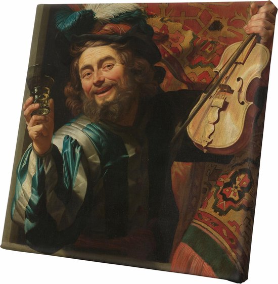 Canvasdoek - Schilderij - Een Vrolijke Vioolspeler Gerard Honthorst Oude Meesters - Blauw En Rood - 30 X 30 Cm