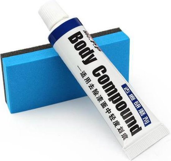 Witte tube "Body Compound" en blauwe polijstspons.