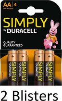 8 Stuks (2 Blisters a 4 st) Duracell AA SIMPLY Batterijen