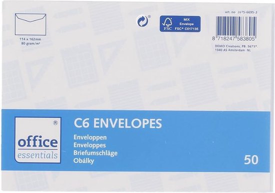 Office Essentials C6-enveloppen 50 stuks - C6-formaat 11,4 16,2 cm Met FSC-keurmerk | bol.com