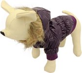 Winterjas voor de hond in de kleur paars met bont randje - M ( rug lengte 25 cm, borst omvang 34 cm, nek omvang 28 cm )