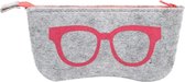 Brillenkoker met roze bril opdruk - Grijze brillenhoes met rits en gemaakt van wol/vilt