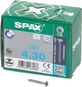 SPAX 1197000400303 Roestvaststalen schroef, Verzonken kop, 4 x 30, Voldraad, T-STAR plus T20 - blank - 200 stuks