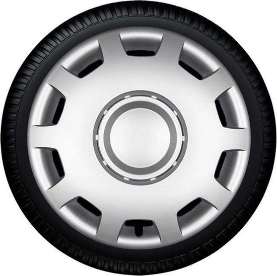 Mat zilveren wieldop met 10 spaken en een centraal rond detail, gemonteerd op een zwarte band.
