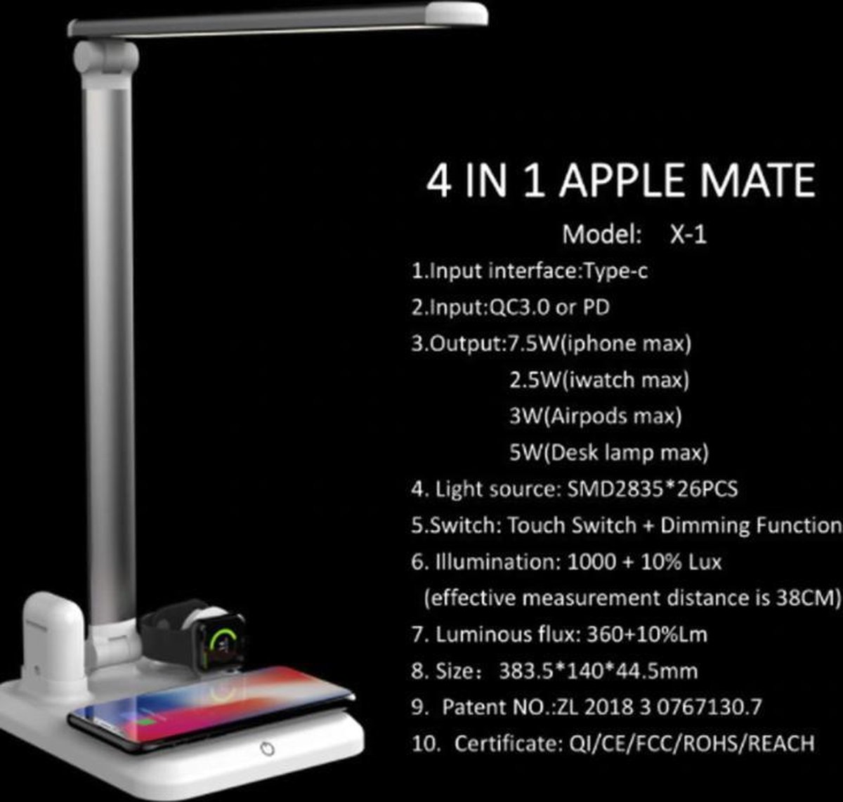 DrPhone DX4 - USB Wireless 4 IN 1 Oplader + Dock Geschikt voor iOS/Android Smartphones + iOS Watch 38/40/42/44mm + AirPods 1/2 + Bureau LED Lamp - Zwart — cadeau in Gadgets - foto 6