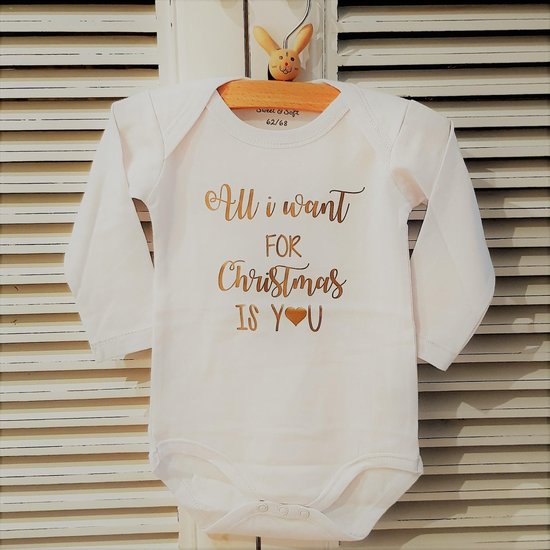 Foto: Baby unisex rompertje tekst kerst all i want for christmas is you lange mouw wit maat 50 56 mijn eerste kerstmis baby kleding kerst kerstkleding kerstpakje aankondiging bekendmaking zwangerschap cadeau voor de liefste aanstaande