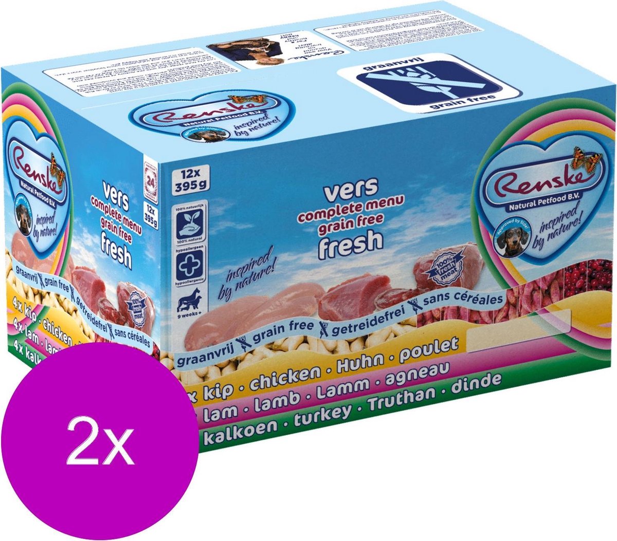 Renske Renske Adult Multi Graanvrij - Hondenvoer - 2 x Kip Kalkoen Lam 12 x 395 g
