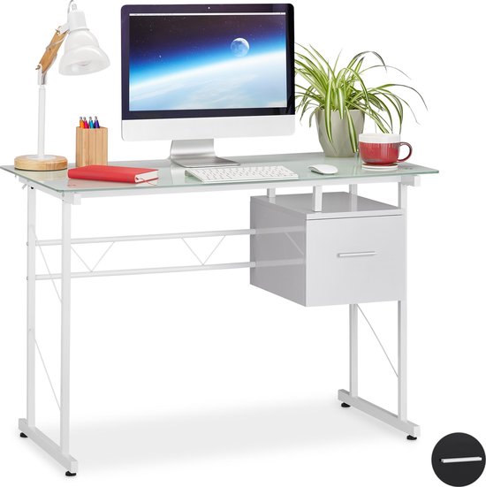 table d'ordinateur relaxdays avec tiroir - verre de table pc - bureau -  bureau... | bol