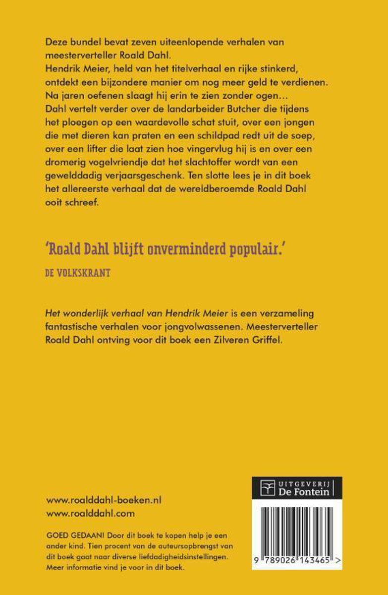 Achterkant van het boek 'Het wonderlijk verhaal van Hendrik Meier' met tekst en uitgeverij De Fontein logo.