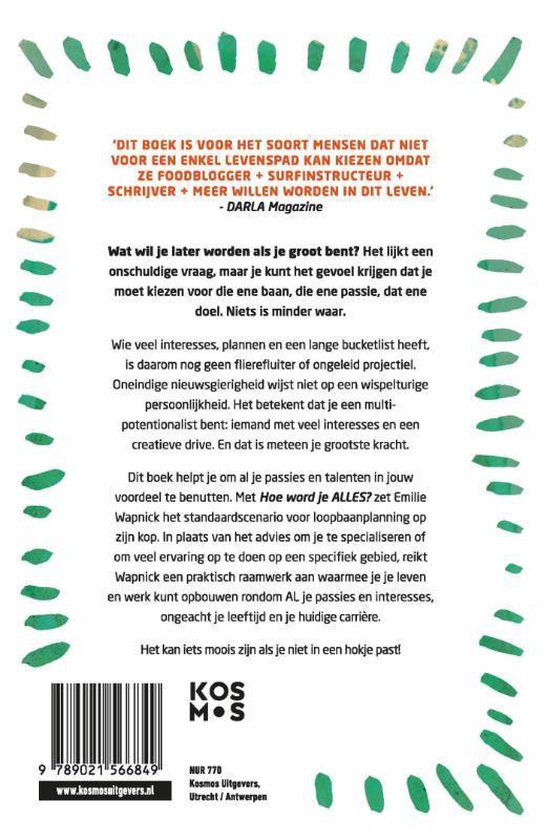 Boek "Hoe word je ALLES?" met tekst en groene bladrand.
