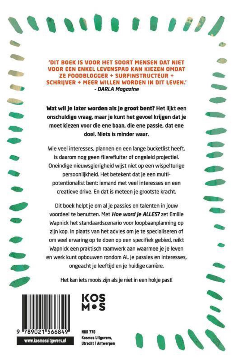 Boek "Hoe word je ALLES?" met tekst en groene bladrand.