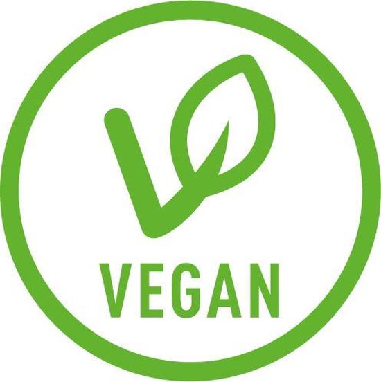 Groen vegan logo met een blaadje en de tekst VEGAN.