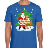 Foute Kerst t-shirt met de kerstman en rendier Rudolf blauw voor heren L