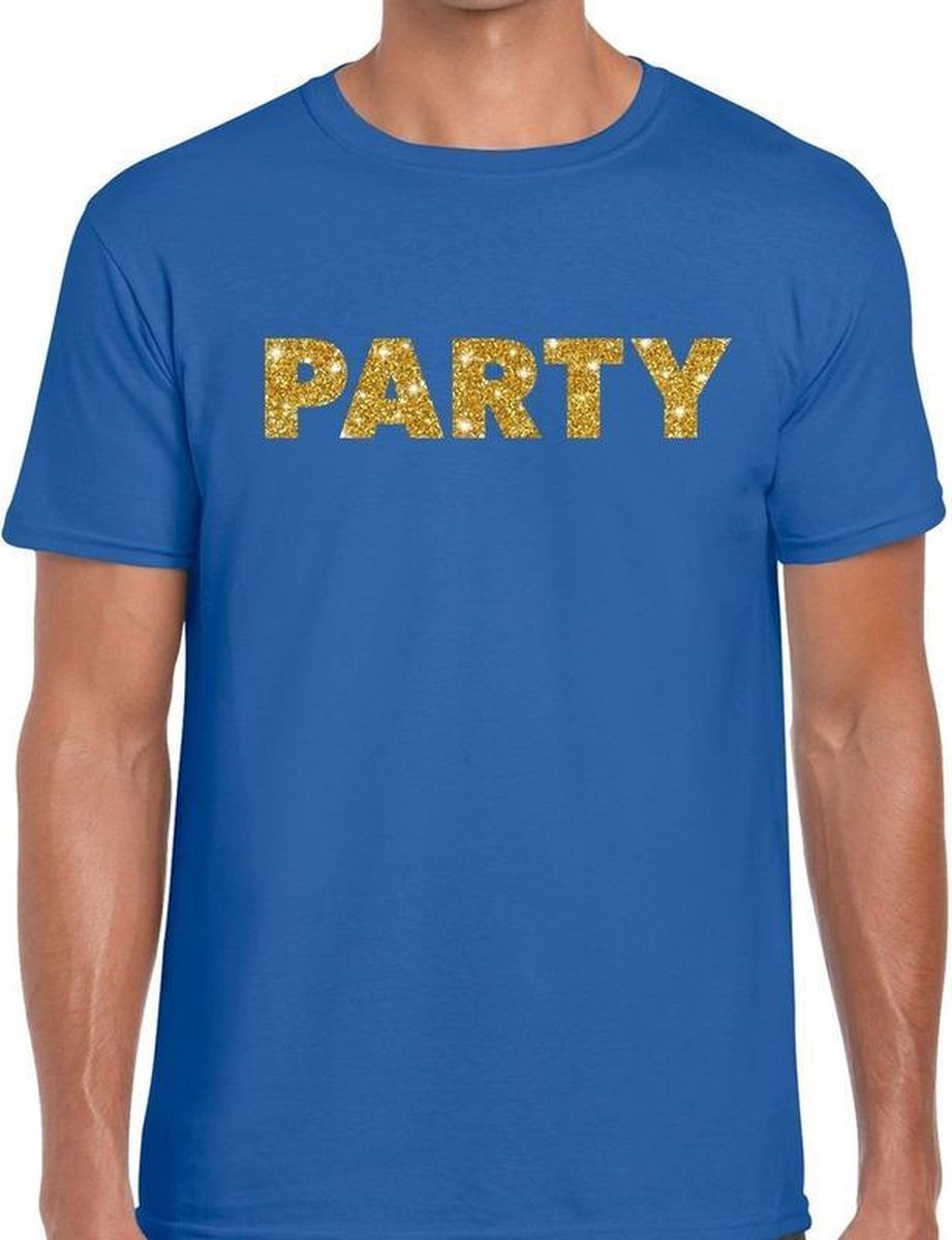 Party goud glitter tekst t-shirt blauw heren L