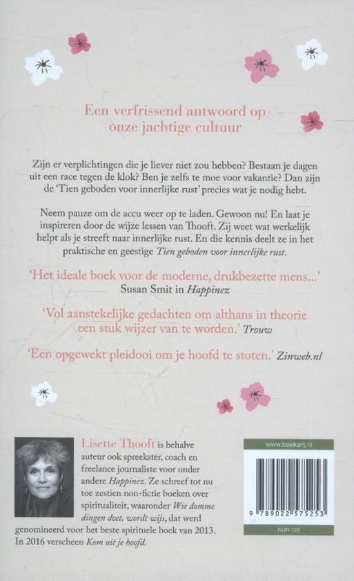 Boekomslag van 'Tien geboden voor innerlijke rust' met tekst en bloesemtakken. Achterkant met portret van Lisette Thooft.