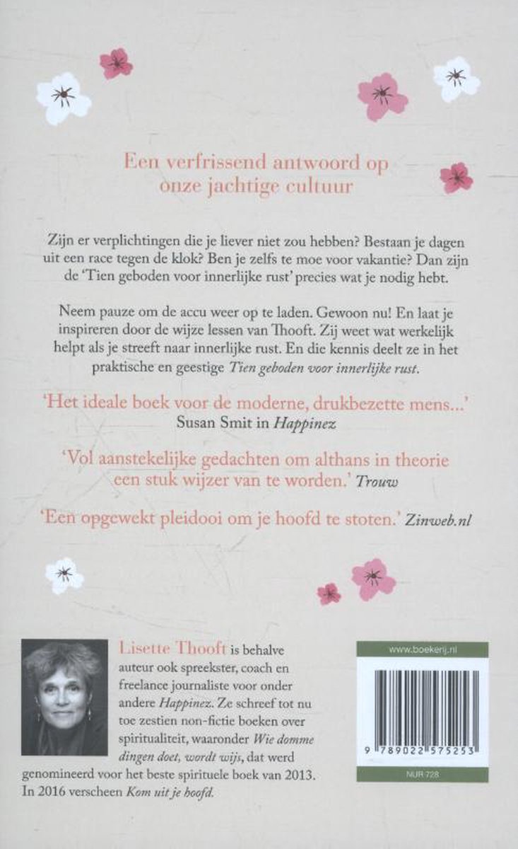 Boekomslag van 'Tien geboden voor innerlijke rust' met tekst en bloesemtakken. Achterkant met portret van Lisette Thooft.