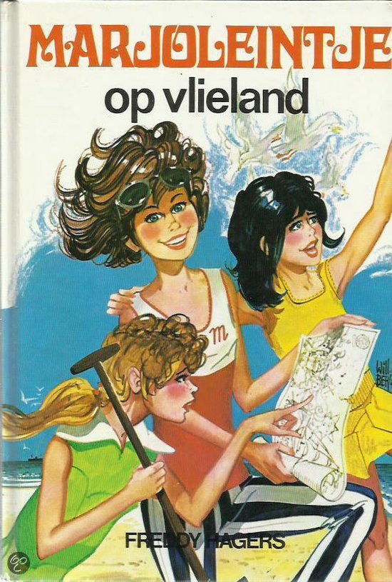 Drie jonge vrouwen op een strand, met een kaart in de hand. Een van hen heeft bruin, krullend haar en zonnebril. De ander met zwart haar en een gele jurk. De derde met blond haar, in groene jurk, met een stok.