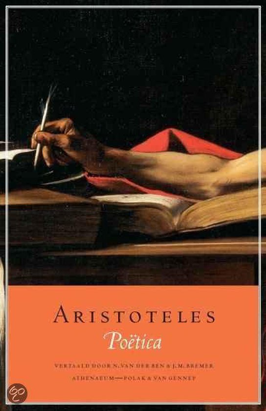 Boekcover van Aristoteles' Poëtica. Een arm schrijft met een veer in een open boek, met een rode doek.