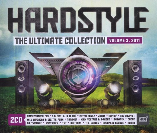 Hardstyle De ultieme collectie Volume 3 2011 albumhoes met 2 speakers, 2 spots en een centraal logo op een grasveld.