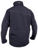 Donkerblauwe DASSY softshelljas, achterkant met opstaande kraag en diagonale reflecterende bies.