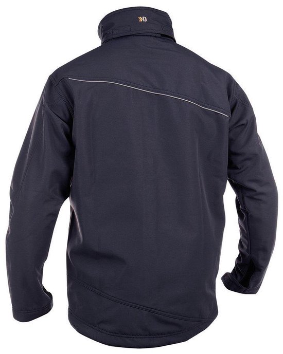 Donkerblauwe DASSY softshelljas, achterkant met opstaande kraag en diagonale reflecterende bies.