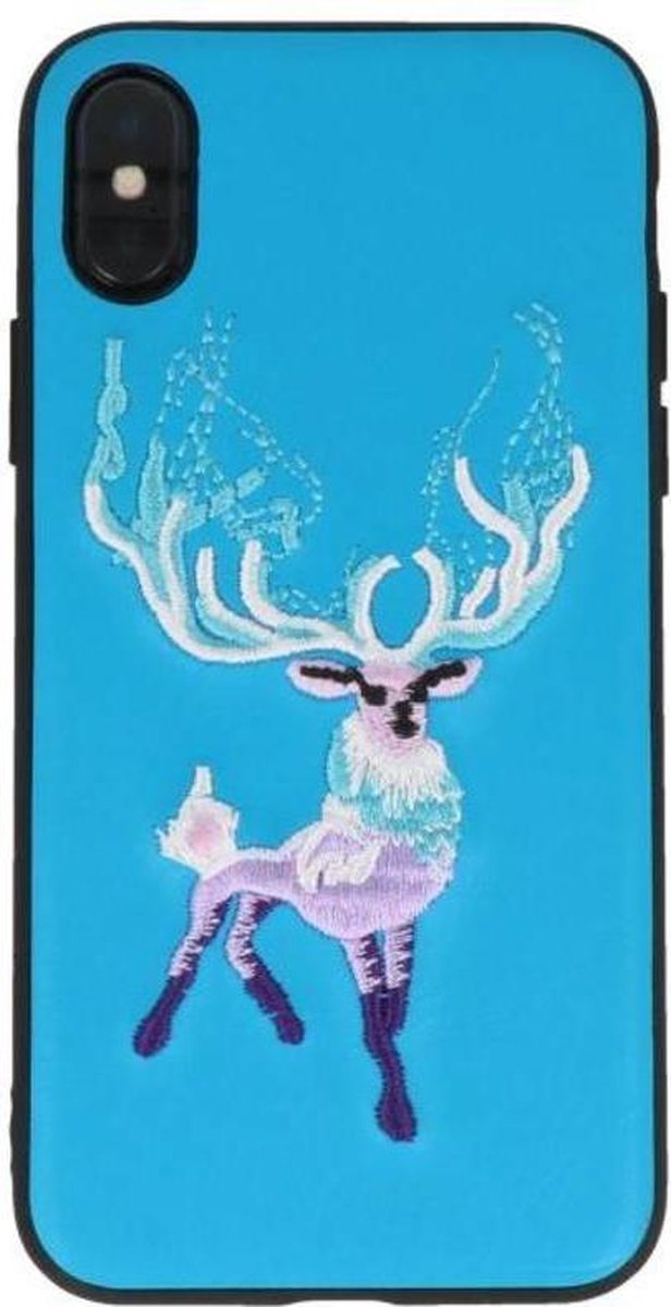 Blauw Borduurwerk Hert TPU Back Cover Hoesje voor iPhone X
