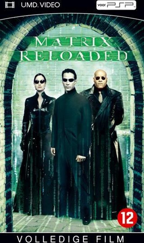 Poster van The Matrix Reloaded met Trinity, Neo en Morpheus in zwarte kleding voor een stenen gang.