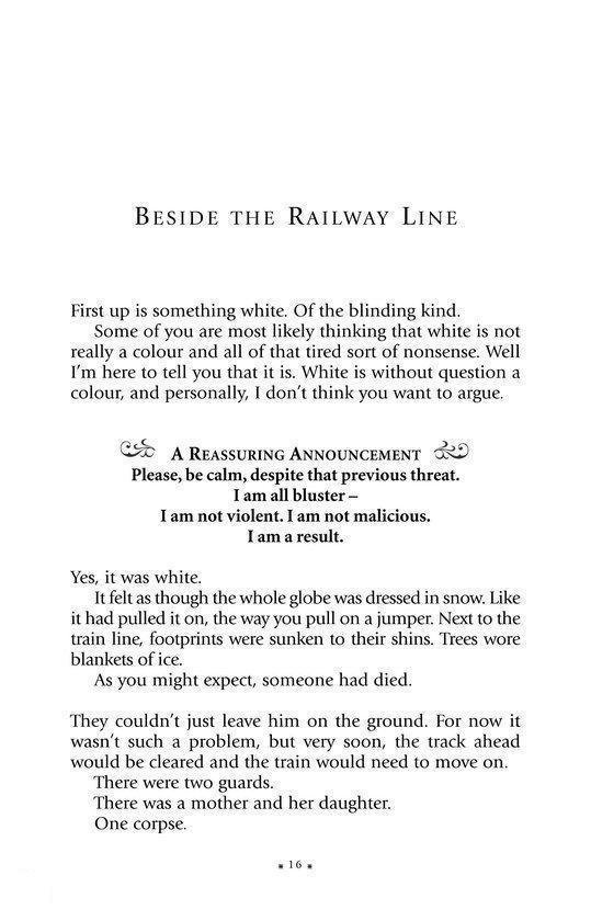 Fragment uit 'Beside the Railway Line' met een beschrijving van sneeuw, een jumper, en een trein die stopt bij een lijk.
