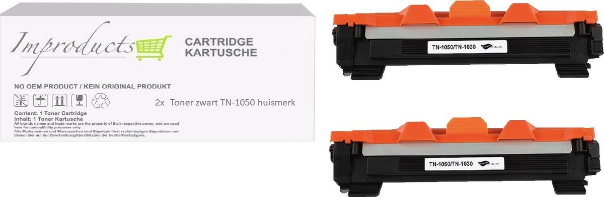 Improducts® Toner - Alternatief Brother TN1050 / TN-1050 2x toner zwart XL