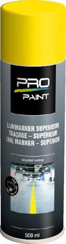 Gele spuitbus met 'PRO PAINT LIJNMARKER SUPERIEUR' tekst. Bovenkant is geel, de rest is grijs met zwarte en witte letters.