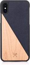 Woodcessories - iPhone X / Xs Hoesje - EcoSplit Leather Esdoorn en Leer Donker Blauw
