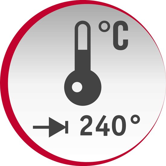 Pictogram van een thermometer die 240 graden Celsius aangeeft met een richtingspijl.