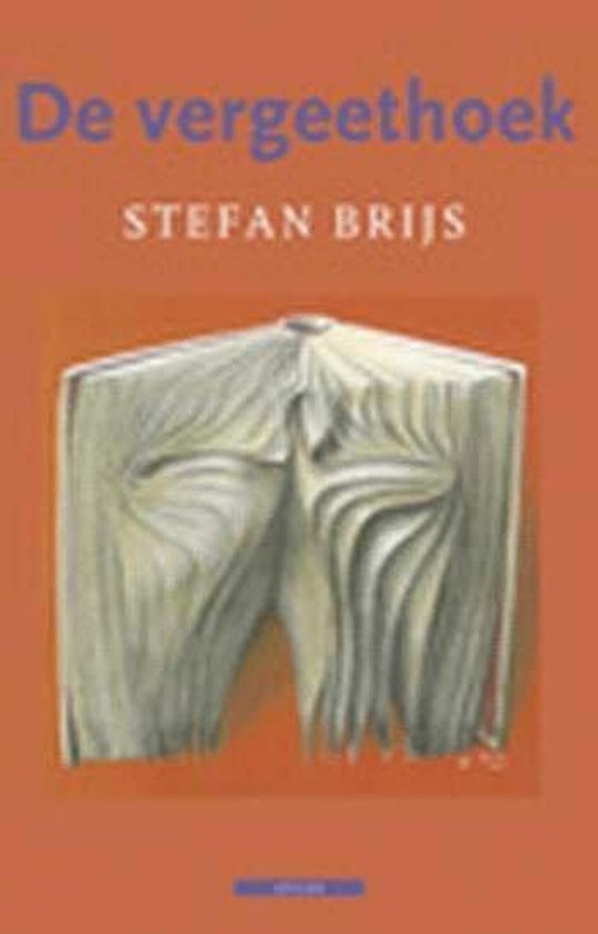 Boek 'De vergeethoek' van Stefan Brijs met een oranje kaft en een gedetailleerde illustratie van papier dat is omgevouwen.