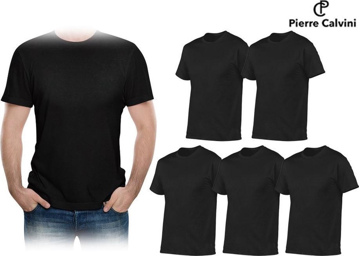 Pierre Calvini - T-Shirts - 5 pack - Ronde Hals - Zwart - Maat XL