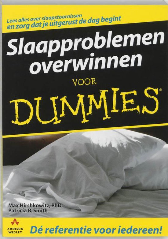 Boek met zwarte achtergrond en titel 'Slaapproblemen overwinnen voor Dummies'. Witte kussens op een bed op de voorgrond.