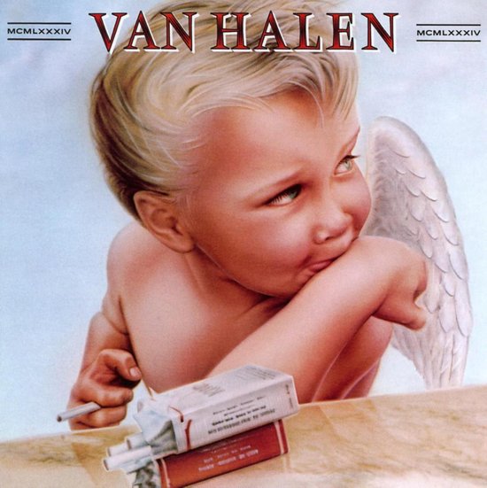 Albumhoes '1984' van Van Halen met een engelachtig kindje dat een sigaret vasthoudt, met een pakje sigaretten.